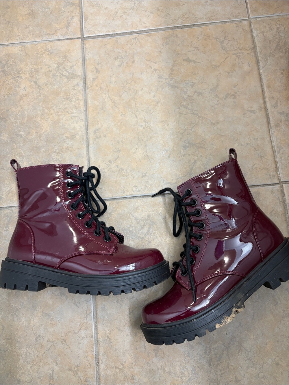 Women's Burgundy Patent Lace-Up Combat Boots